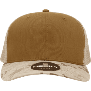 A structured camo trucker cap featuring a brown front panel and a camouflaged brim, with a logo on the front.