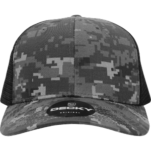 A grey camo trucker cap with a mid-profile and structured design, featuring a black mesh back and a logo patch.