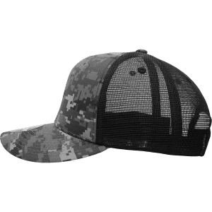A structured six-panel trucker cap in grey camouflage with a black mesh back and an adjustable snap closure.