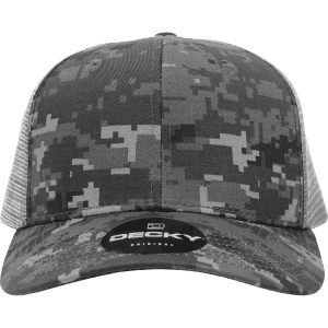 A grey camo trucker cap featuring a structured mid-profile design and a mesh back, with a branded logo.