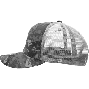 A grey and camo-patterned trucker cap with a structured design and mesh back, featuring a small logo.