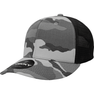 A grey camo trucker cap with a mid profile and a structured design, featuring a black mesh back and a logo.