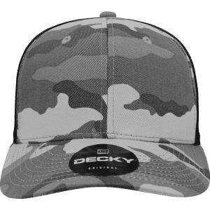 A structured mid-profile trucker cap in grey camouflage with a black mesh back and a logo on the front.