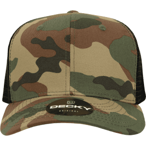 A structured camo trucker cap in shades of green and brown with a black mesh back and a logo.