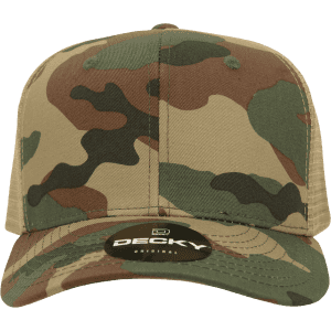A camo trucker cap featuring an olive and brown camouflage pattern and a structured mid-profile design.