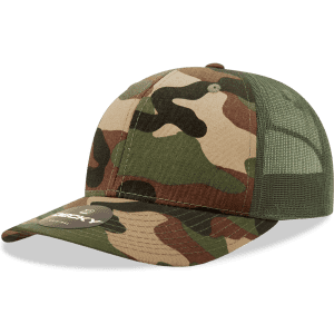 A camo trucker cap featuring a mid-profile structured design in shades of green and brown, with mesh sides and a logo.