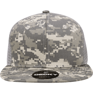 A high-profile structured trucker cap in grey camouflage with a black logo on the front and mesh panels.
