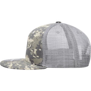 A high-profile structured camo trucker cap featuring a grey and camouflage pattern design with a mesh back.