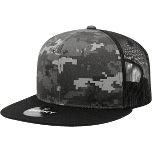 A 6-panel high-profile camo trucker cap in shades of grey and black, featuring a mesh back and a branded label.