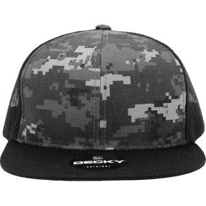 A structured six-panel trucker cap in grey camo with a black brim and a logo on the front.