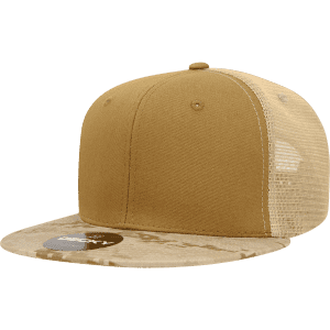 A high profile structured trucker cap in camo with a brown front and mesh back. It features a logo on the side.
