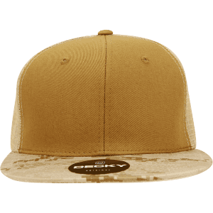 A high profile structured trucker cap in tan with a camo patterned brim. It features a logo on the front.