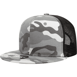 A grey and black camo trucker cap featuring a structured design and mesh back, with a branded logo.