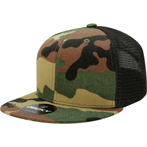 A camo-patterned trucker cap featuring a high-profile design with a mesh back.