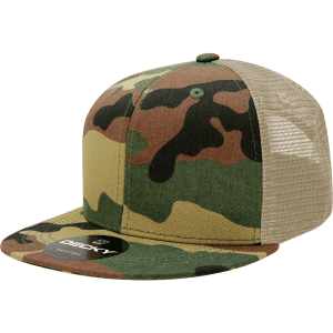 A camo trucker cap featuring a six-panel high profile, with a green and brown camouflage pattern and a beige mesh back.