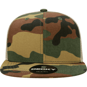 A structured high-profile trucker cap in green and brown camo, featuring a logo on the front.