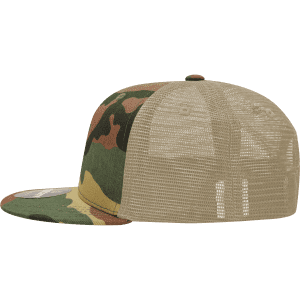 A high-profile structured trucker cap in camouflage with a mesh back and a flat brim. It features a logo.