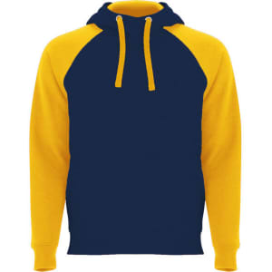 A hooded sweatshirt featuring a navy body and yellow sleeves with a drawstring and a logo on the front.