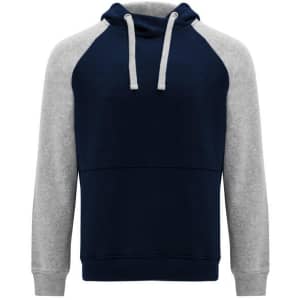 A hooded sweatshirt featuring navy blue and grey colours with a drawstring and a logo.