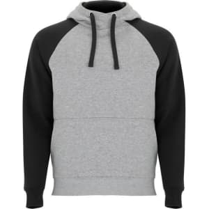 A hooded sweatshirt featuring a grey body and black raglan sleeves, complete with drawstrings and a logo.