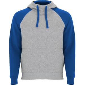 A hooded sweatshirt featuring a grey body and blue raglan sleeves, complete with a drawstring hood.