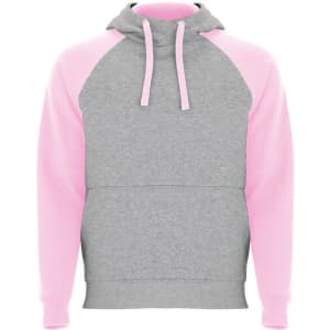 A hooded sweatshirt featuring a grey body with pink sleeves and a front pocket. It has a logo on the front.