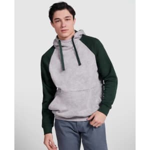 A hooded sweatshirt in grey with green raglan sleeves and a front pocket, featuring a logo on the chest.