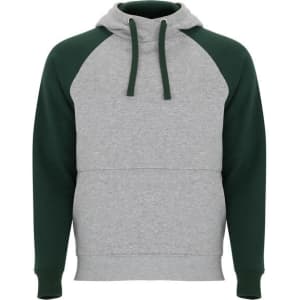 A hooded sweatshirt featuring a grey body and dark green sleeves, complete with a kangaroo pocket and a logo.