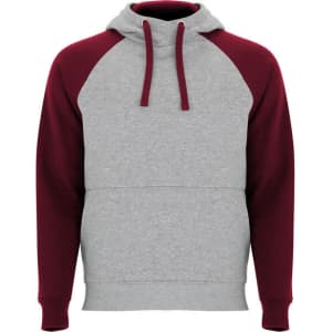 A hooded sweatshirt featuring a grey body with maroon sleeves and a matching hood, complete with drawstrings.