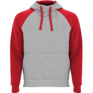 A grey and red hooded sweatshirt featuring a front kangaroo pocket and a logo.