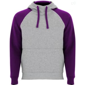 A hooded sweatshirt featuring a grey body with purple raglan sleeves and a hood, complete with a logo.