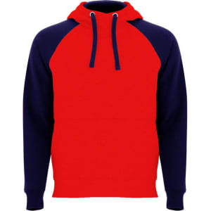 A hooded sweatshirt featuring a red body and navy blue sleeves, complete with a drawstring hood and a logo.