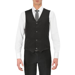 A black vest worn over a white shirt, featuring a five-button front and a sleek design. It has a logo on the label.
