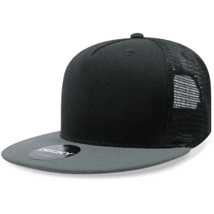 A black 5 Panel High Pro Acry/Poly Trucker cap with a grey brim and mesh back, featuring a logo.