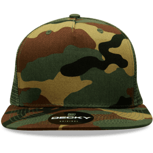 A camouflage-patterned cap featuring a high profile structured design and a brand logo on the front.