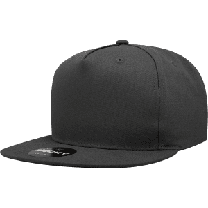 A black 5 Panel High Profile Structured Snapback cap with a flat brim and a logo on the side.