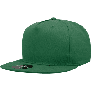 A green 5-panel high profile structured snapback cap with a flat brim and a branded tag.