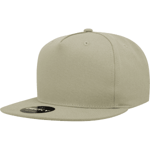 A high-profile structured snapback cap in a soft beige colour, featuring a round crown and a flat brim.