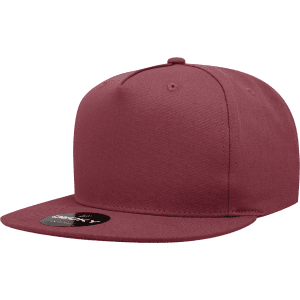 A maroon 5-panel high profile structured snapback cap with a flat brim and a logo.