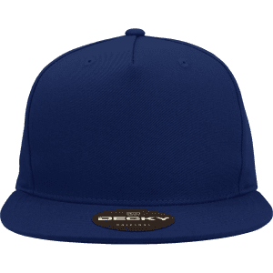 A high-profile structured snapback cap in navy blue with a flat brim and a logo on the front.