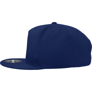 A structured navy blue snapback cap with a five-panel design and a logo on the front.