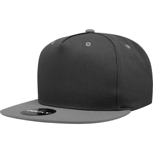 A grey 5 panel high profile structured snapback with a contrasting grey brim, featuring a logo on the side.