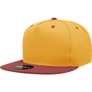 A 5-panel high profile structured snapback cap in yellow with a burgundy peak. It features a logo on the side.
