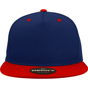 A structured snapback cap in navy blue with a red brim and contrasting eyelets, featuring a logo on the front.