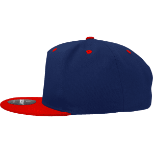 A high-profile structured snapback in navy blue with a red peak and red detailing, featuring a logo.
