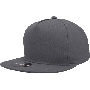 A high-profile structured snapback cap in grey with a flat brim and a logo on the front.