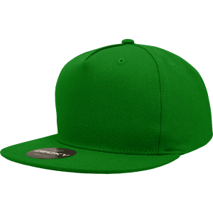 A green 5 Panel High Profile Structured Snapback cap with a flat brim and a logo on the side.