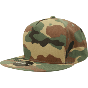 A camo-patterned 5 Panel High Profile Structured Snapback cap featuring a flat brim and a logo on the front.