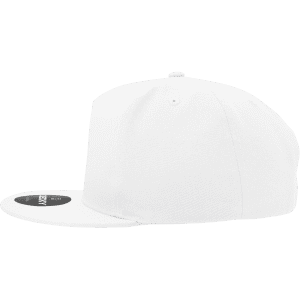 A white 5 panel high profile structured snapback cap featuring a flat brim and a logo on the side.