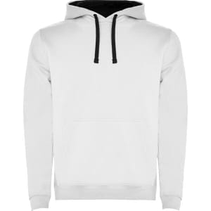 A white hooded sweatshirt with a black hood and drawstrings. It features a front pocket and has a logo.